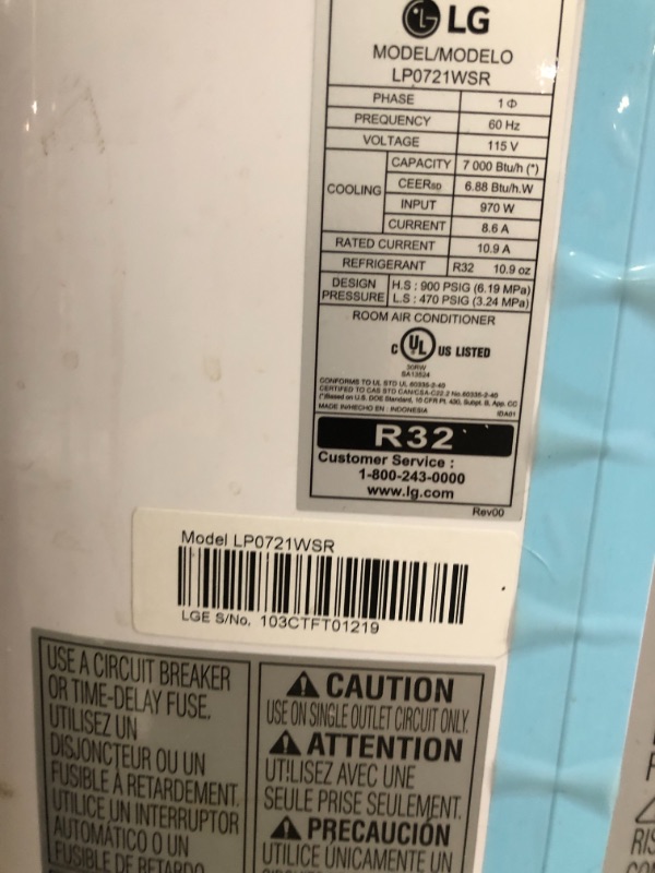 Photo 5 of LG 7,000 BTU (DOE) / 10,000 BTU (ASHRAE) Portable Air Conditioner, Cools 300 Sq.Ft. (12' x 25' room size), Quiet Operation, LCD Remote, Window Installation Kit Included, 115V
