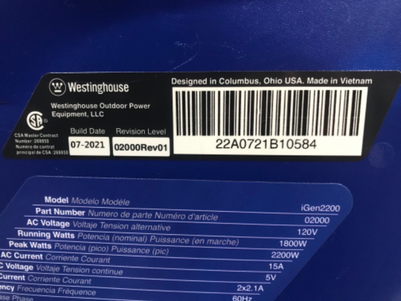 Photo 5 of Westinghouse Outdoor Power Equipment iGen2200 Super Quiet Portable Inverter Generator 1800 Rated & 2200 Peak Watts, Gas Powered, CARB Compliant
