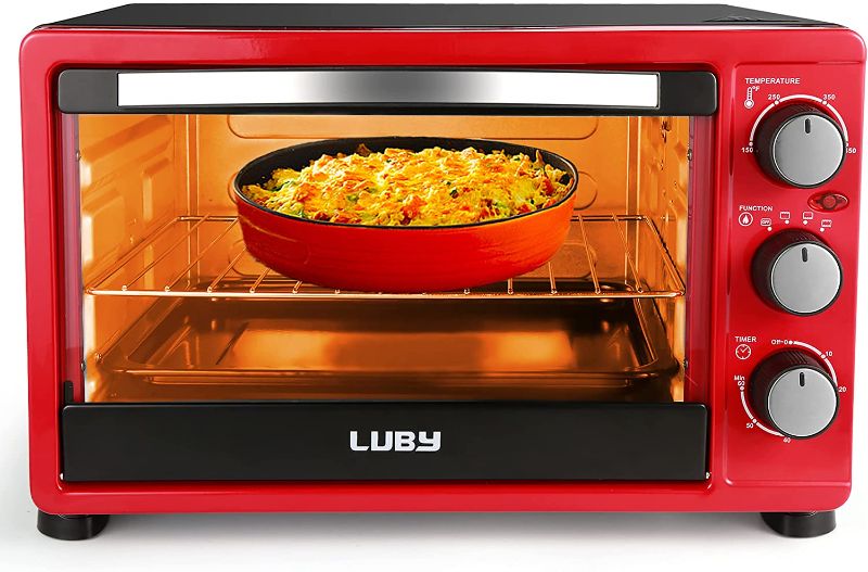 Photo 1 of LUBY Convection Toaster Oven with Timer, Toast, Broil Settings, Includes Baking Pan, Rack and Crumb Tray, 6-Slice, Red
