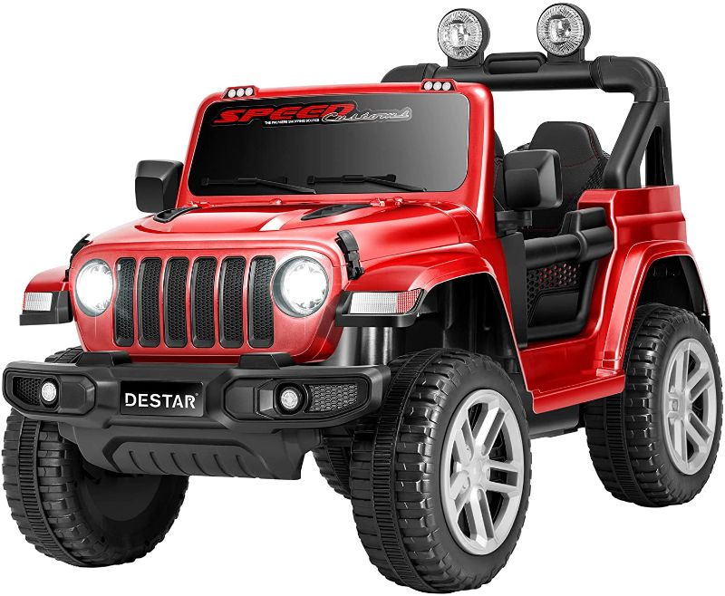 Photo 1 of DEStar 12V Ride-on Truck with Parental Remote Control, Battery Powered Kids Toy Car with Leather Seaters, LED Headlights, MP3 Player, 3 Speeds, Red
