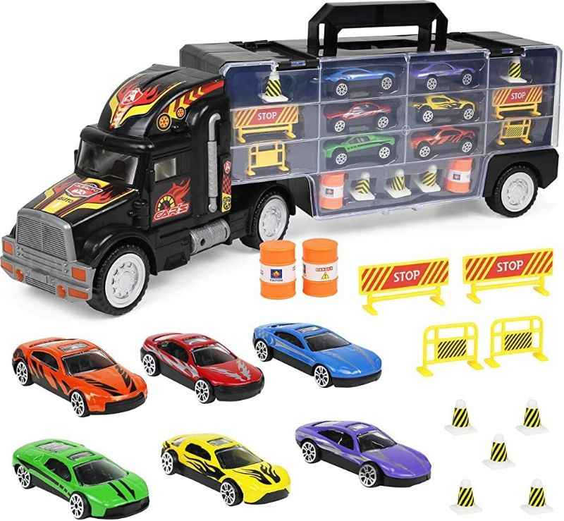 Photo 1 of Click N' Play Transport Car Carrier Truck, Loaded with Cars, Road Signs & More. Holdup To 28 Cars. Jumbo 22" Long , Black
