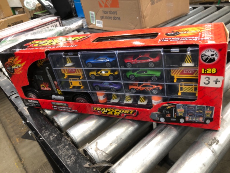 Photo 1 of Click N' Play Transport Car Carrier Truck, Loaded with Cars, Road Signs & More. Holdup To 28 Cars. Jumbo 22" Long , Black
