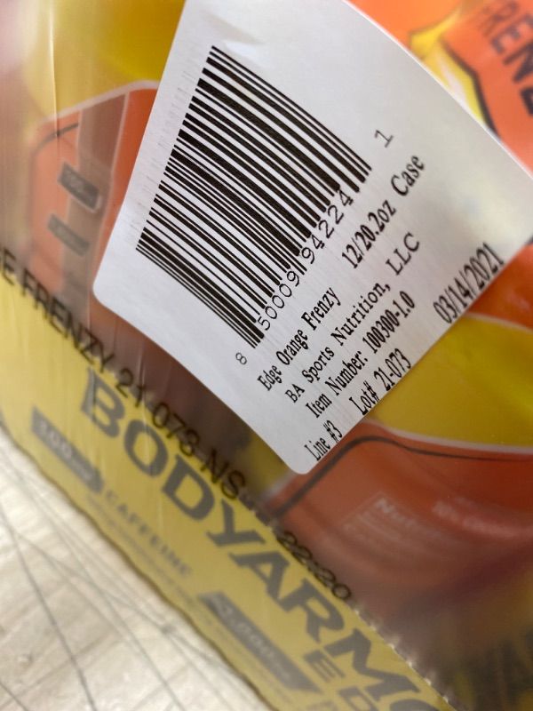 Photo 2 of ** MANUFACTURE DATE : 03/14/2021** BODYARMOR EDGE Sports Drink with Caffeine, Orange Frenzy, Potassium-Packed Electrolytes, Caffeine Boost, Natural Flavors With Vitamins, Perfect for Athletes 20.2 Fl Oz (Pack of 12) NO PRINTED EXP DATE - NON REFUNDABLE 

