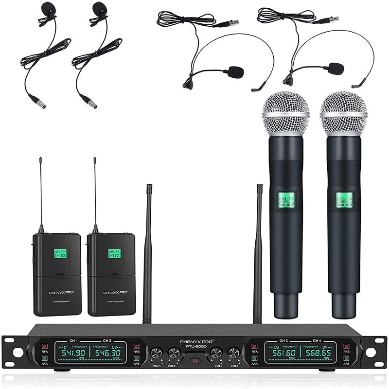 Photo 1 of Wireless Microphone System, Phenyx Pro 4-Channel UHF Cordless Mic Set with Handheld/Lapel/Headset/Bodypack, Rugged Metal Build, Fixed Frequency, Long Range, Ideal for Church,Karaoke,Events(PTU-5000B)
