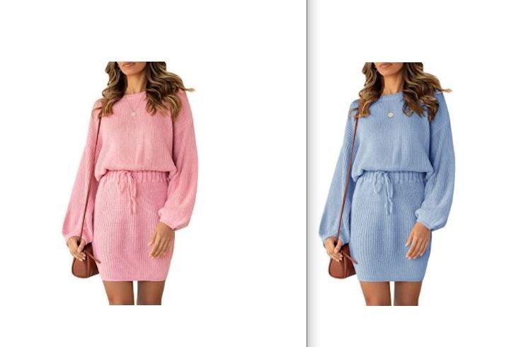 Photo 1 of MITILLY Women's Long Balloon Sleeve Crewneck Casual Knitted Bodycon Pullover Sweater Mini Dress, Pink (L) and Blue (XL)
