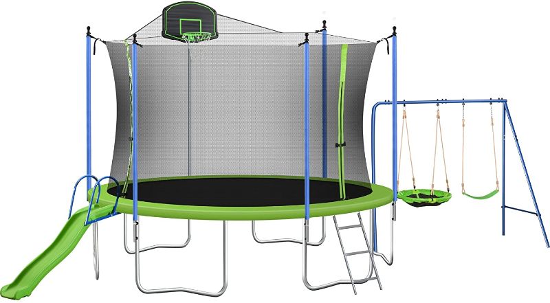 Photo 1 of 12FT 1200Lbs Tranpoline with Swing and Slide, Tranpoline with Enclosure Net, Basketball Hoop, ASTM Approved Combo Bounce Outdoor Fitness Tranpoline, Capacity for 5-8 Kids
