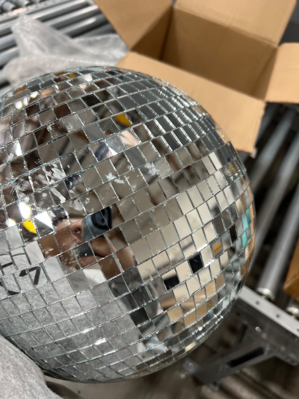 Photo 5 of 12 Inch Disco Light Mirror Ball 80's 90's Stylish Mirror Ball Decoration Party Disco Light Ball Silver Hanging Disco Ball for DJ Club Stage Bar Party Wedding Holiday Decoration (16 Inches)