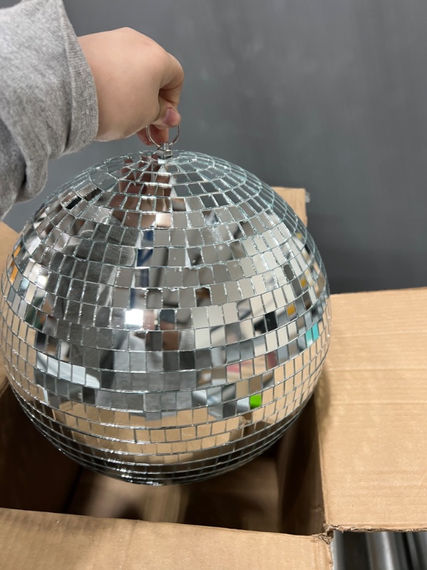 Photo 4 of 12 Inch Disco Light Mirror Ball 80's 90's Stylish Mirror Ball Decoration Party Disco Light Ball Silver Hanging Disco Ball for DJ Club Stage Bar Party Wedding Holiday Decoration (16 Inches)