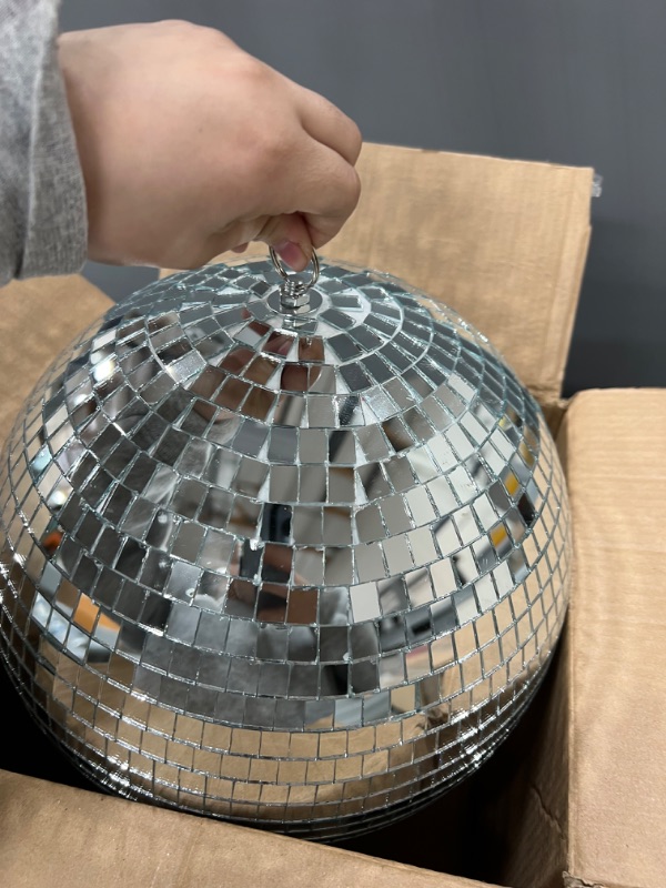 Photo 6 of 12 Inch Disco Light Mirror Ball 80's 90's Stylish Mirror Ball Decoration Party Disco Light Ball Silver Hanging Disco Ball for DJ Club Stage Bar Party Wedding Holiday Decoration (16 Inches)