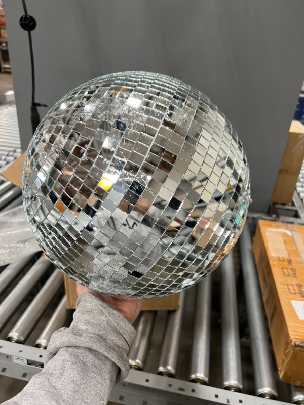 Photo 2 of 12 Inch Disco Light Mirror Ball 80's 90's Stylish Mirror Ball Decoration Party Disco Light Ball Silver Hanging Disco Ball for DJ Club Stage Bar Party Wedding Holiday Decoration (16 Inches)