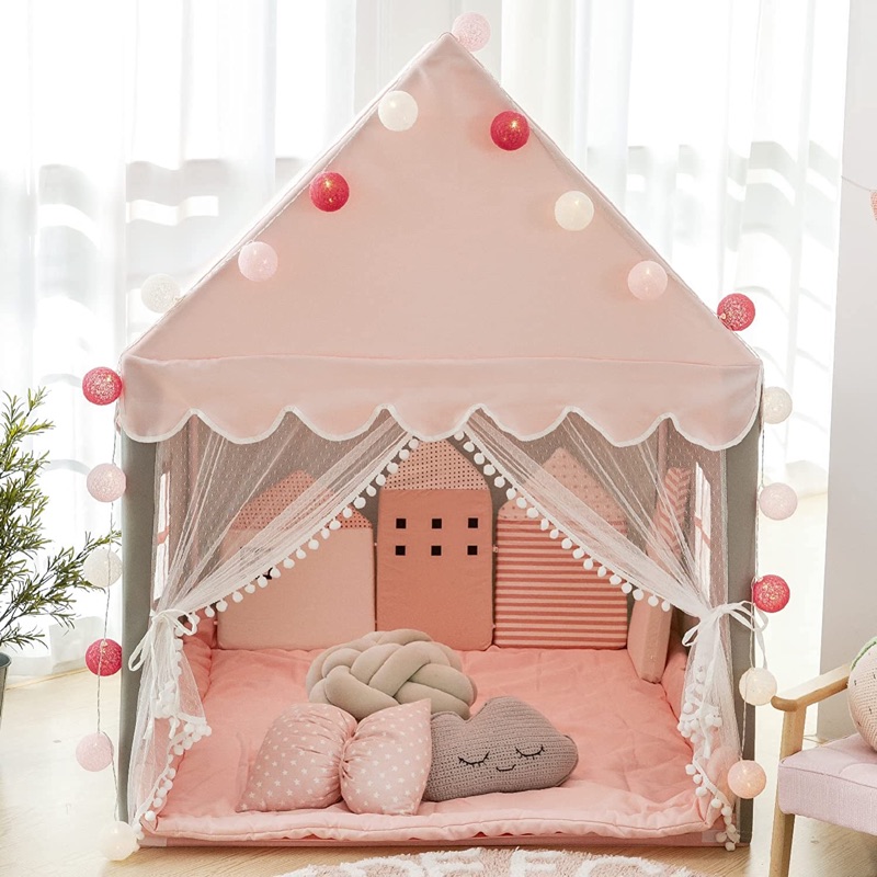 Photo 1 of Kids Play Tent with Mat Pink, Ball String Lights, Avrsol Large Playhouse Children Play Castle Tent for Girls Birthday Gift