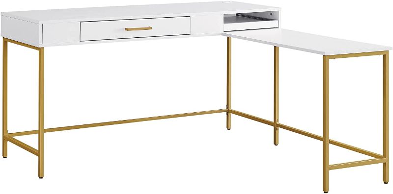 Photo 1 of OSP Designs Modern Life Contemporary L-Desk with Power Charging Tray, White with Gold Frame
