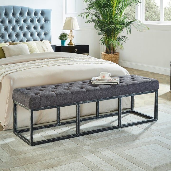 Photo 1 of 24KF Upholstered Tufted Long Bench with Metal Frame Leg, Ottoman with Padded Seat-Dark Gray
