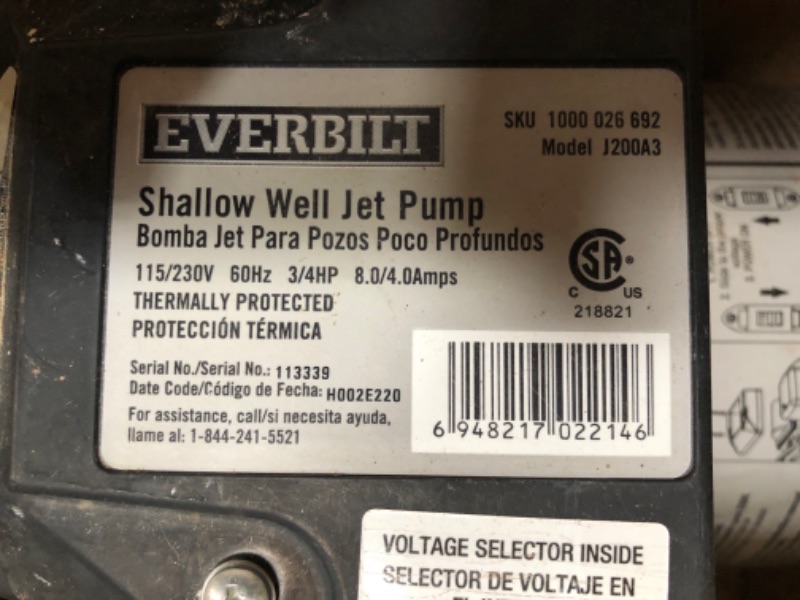 Photo 3 of (Used - Parts Only) Everbilt 3/4 HP Shallow Well Jet Pump
