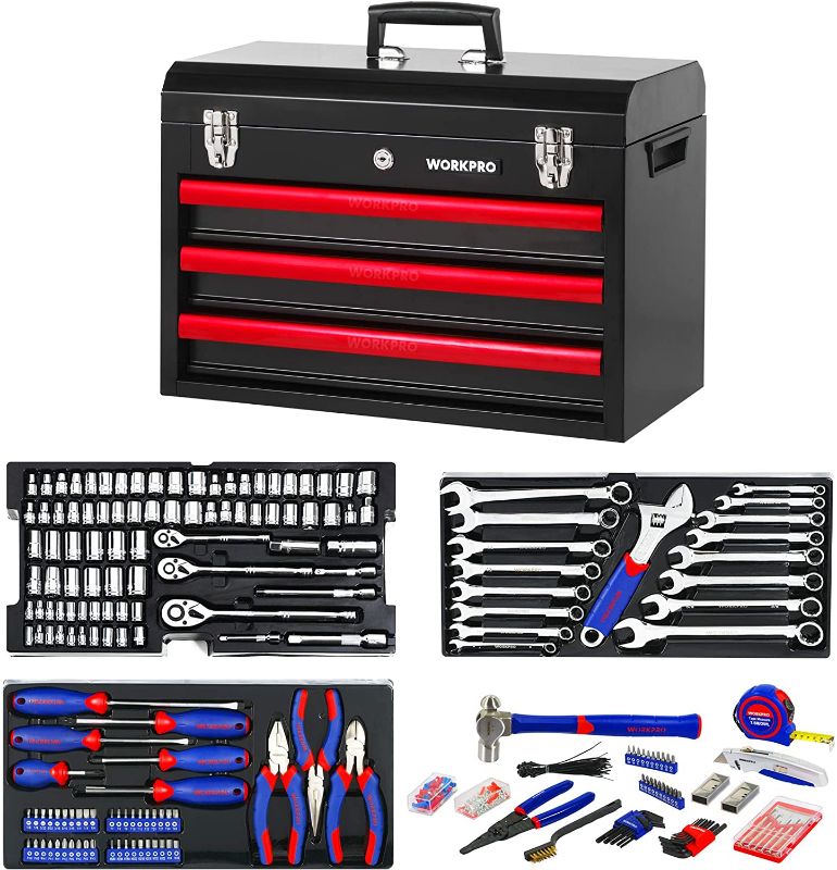 Photo 1 of  WORKPRO 408-Piece Mechanics Tool Set with 3-Drawer Heavy Duty Metal Box (W009044A)
- Missing components 
- Minor cosmetic damaged 
