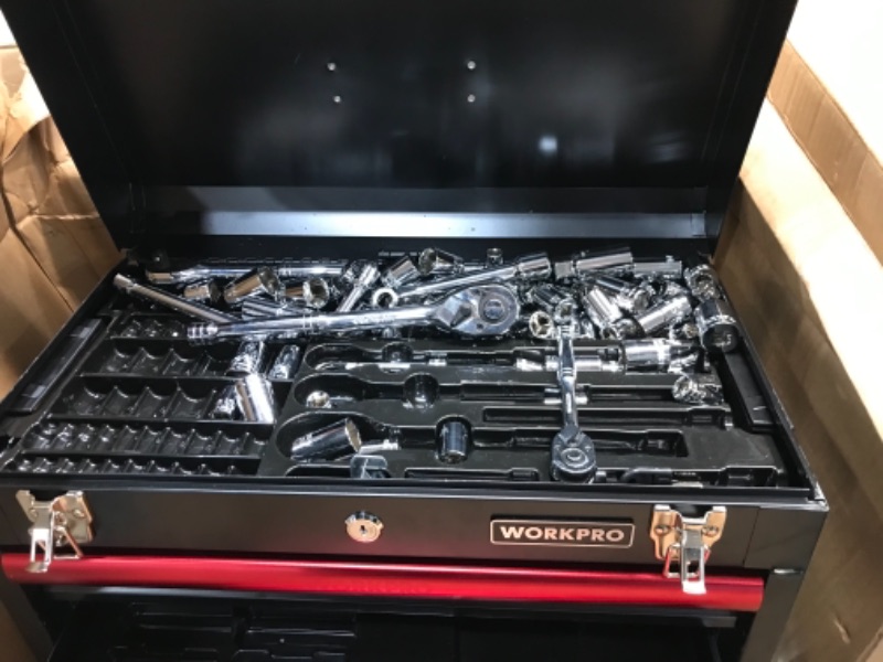 Photo 3 of  WORKPRO 408-Piece Mechanics Tool Set with 3-Drawer Heavy Duty Metal Box (W009044A)
- Missing components 
- Minor cosmetic damaged 
