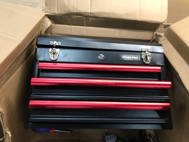 Photo 2 of  WORKPRO 408-Piece Mechanics Tool Set with 3-Drawer Heavy Duty Metal Box (W009044A)
- Missing components 
- Minor cosmetic damaged 
