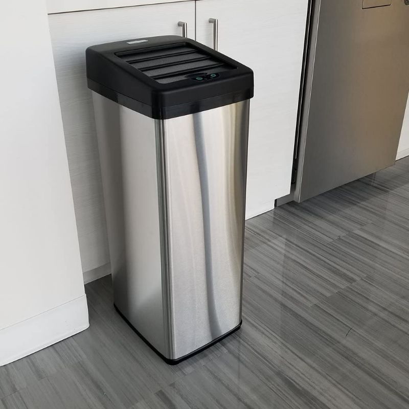 Photo 1 of (Used) iTouchless 14 Gallon Sliding Lid Automatic Sensor Trash Can with Odor Filter System, 53 Liter, Brushed Stainless Steel Touchless Kitchen Garbage Bin
