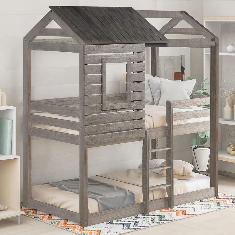 Photo 1 of INCOMPLETE: SFNJL Twin Over Twin Bunk Bed Wood Loft Bed Multifunctional Loft Bed with Roof Window Guardrail Ladder (Antique Gray)
