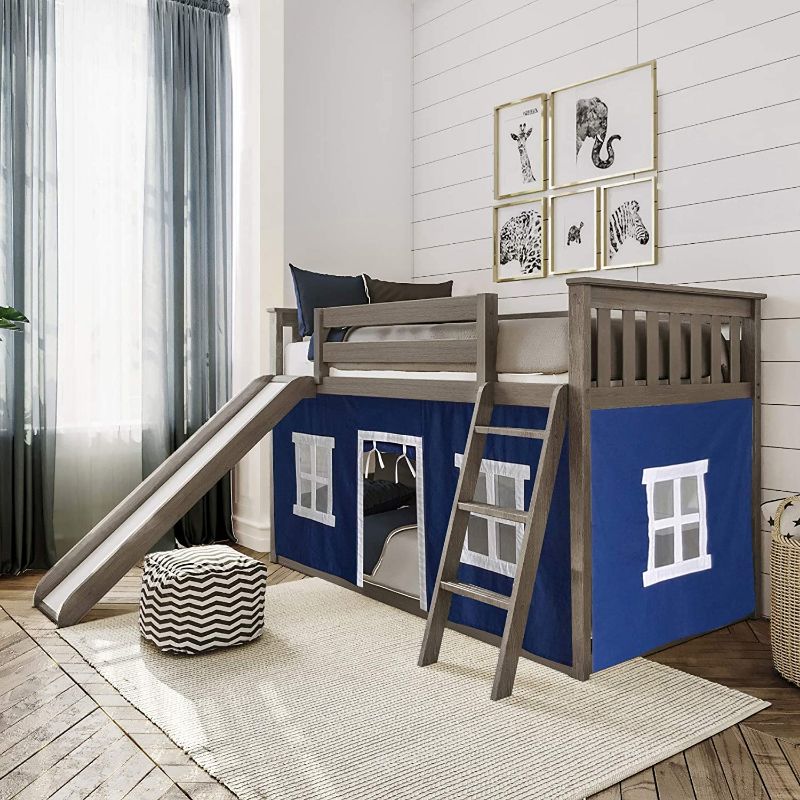 Photo 1 of Max & Lily Low Bunk Bed with Slide and Blue Curtains, Twin, Clay 81.5 x 84.5 x 50 inches

