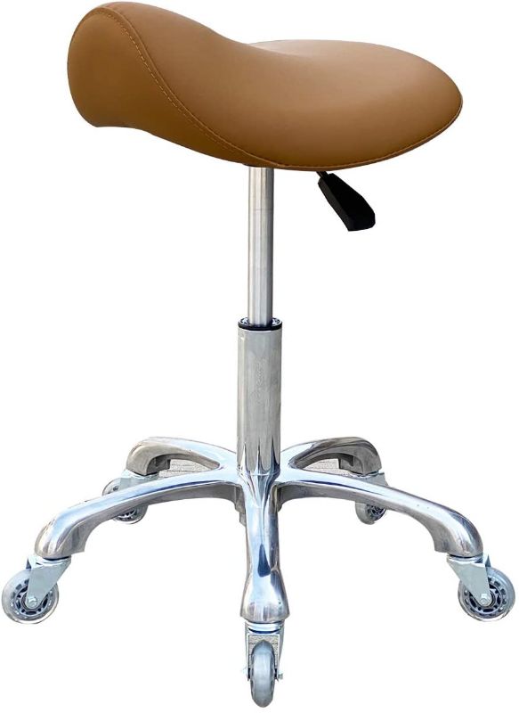 Photo 1 of FRNIAMC Professional Saddle Stool with Wheels Ergonomic Swivel Rolling Height Adjustable for Clinic Dentist Beauty Salon Tattoo Home Office (Camel)
