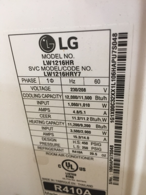 Photo 3 of (Used - Parts Only) LG LW1216HR 11,500/12,000 230V Window-Mounted Air Conditioner with 9,200/11,200 BTU Supplemental Heat Function, 12000, White
