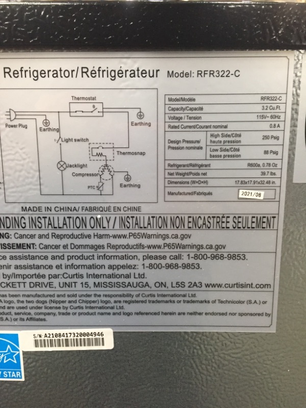 Photo 4 of (Used) RCA RFR322-B RFR322 3.2 Cu Ft Single Door Mini Fridge with Freezer, Platinum, Stainless
