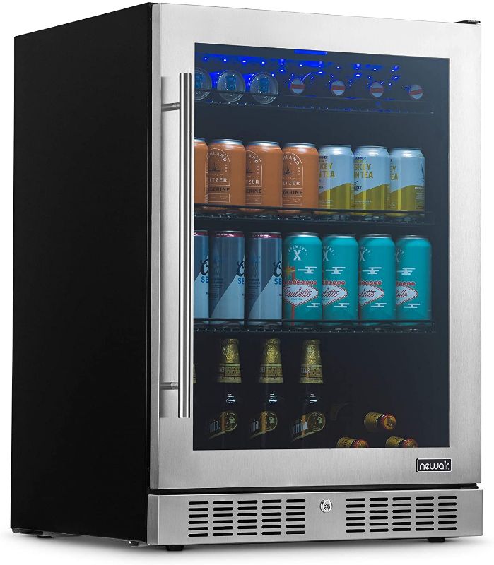 Photo 1 of NewAir Large Beverage Refrigerator Cooler with 224 Can Capacity - Mini Bar Beer Fridge with LED Lights - Adjustable/ Removable Shelves And Bottom Key Lock - Cools to 37F - Stainless Steel, Silver
