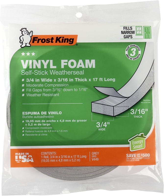 Photo 1 of 12pk Frost King Vinyl Foam Tape - Closed Cell - Moderate Compression, 3/4" W, 3/16" Thick, 17' L, Grey