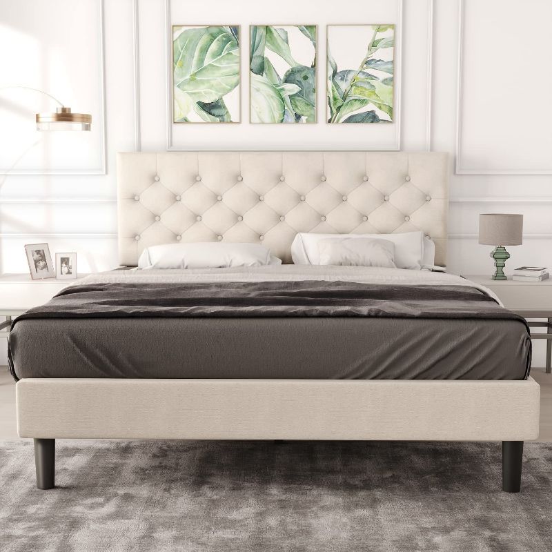 Photo 1 of **INCOMPLETE BOX 1 OF 2 ONLY**Queen Size Upholstered Linen Platform Bed Frame with Button Tufted Headboard, Strong Wood Slat Support, Mattress Foundation, No Box Spring Needed, Easy Assembly, Beige
