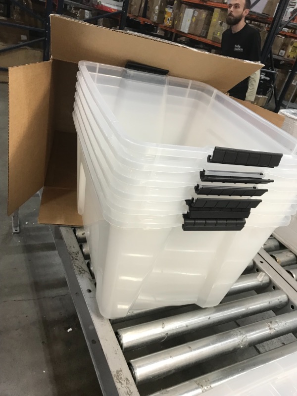 Photo 1 of IRIS USA 54 Qt Clear Plastic Storage Box with Latches, 6 Pack
**1 BOX DAMAGED**