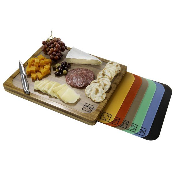 Photo 1 of 1-Piece Bamboo Cutting Board with 7-Color-Coded Food Icon Flexible Cutting Mat Set
