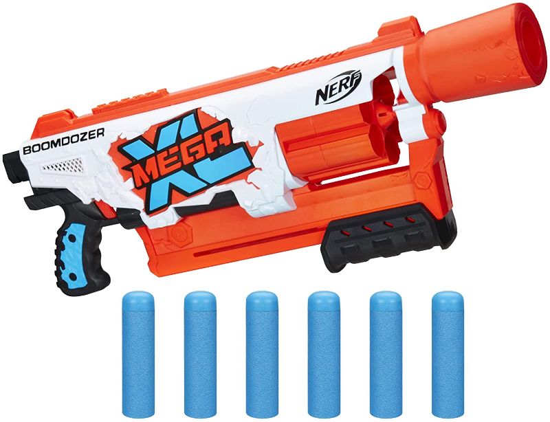 Photo 1 of NERF Mega XL Boom Dozer Blaster, Largest Mega Darts Ever, XL 6-Dart Rotating Drum, 6 Mega XL Whistler Darts, Pump Action