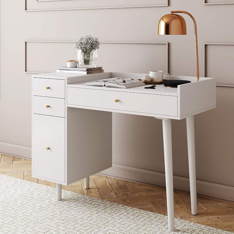 Photo 1 of Daisy White and Gold Makeup Desk with 4-Drawers and Brass Accent Knobs Vanity Table