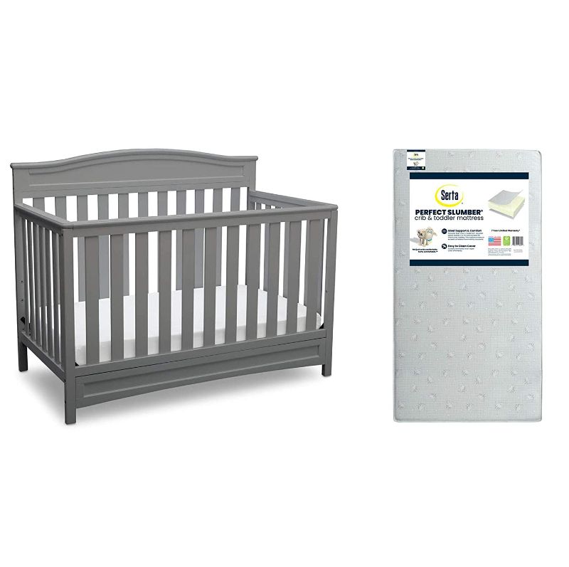 Photo 1 of Delta Children Emery 4-in-1 Convertible Crib, Grey + Serta Perfect Slumber Dual Sided Recycled Fiber Core Crib and Toddler Mattress (Bundle)
