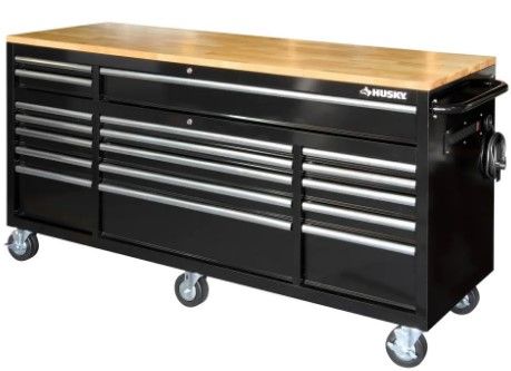 Photo 1 of **MISSING ONE WHEEL**HAS 2 MINOR DENTS**
72 in. W 18-Drawer, Deep Tool Chest Mobile Workbench in Gloss Black with Hardwood Top
