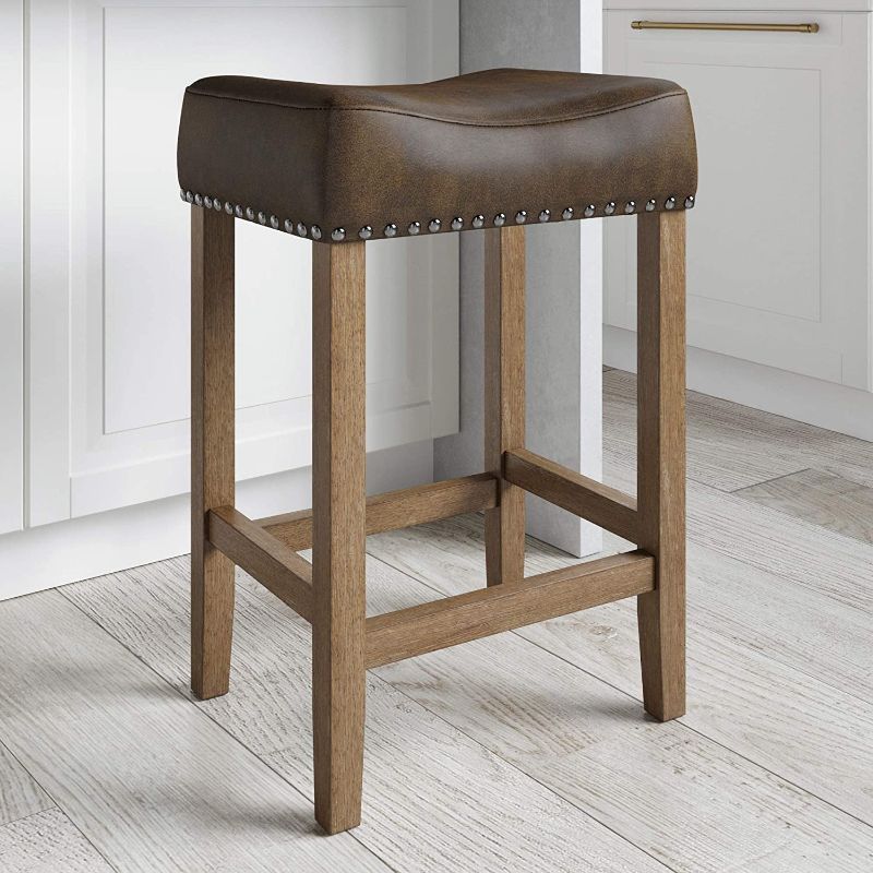 Photo 1 of **HARDWARE INCOMPLETE**
Nathan James Hylie Nailhead Wood Pub-Height Kitchen Counter Bar Stool, 24", Dark Gray/Light Brown
