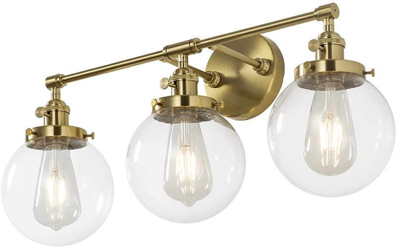 Photo 1 of **SIMILAR TO STOCK PHOTO**
AK Lighting Vintage Industrial Wall Sconces,Three 5.9''HandBlown Clear Glass Globe Shade,Fixtures Over Mirror,for Vanity,Bedroom,Cafe(Color:Brass)
