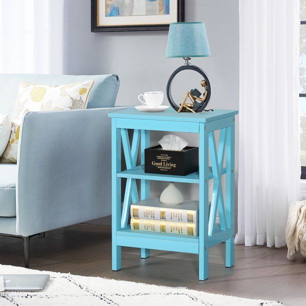 Photo 1 of VECELO Nightstand End Table with 3-tier Storage Shelf for Living Room/Bedroom/Office, Light Blue