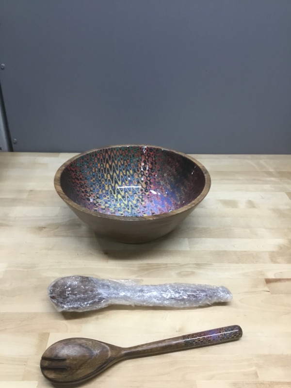 Photo 1 of 3 Pcs Set of Mango Wooden Salad Bowl with Serving Spoon & Fork Utensils, 12 in.
