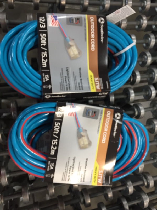 Photo 2 of Southwire 50 ft. 12/3 SJTW Hi-Visbility Multi-Color Outdoor Heavy-Duty Extension Cord with Power Light Plug 2-PACK