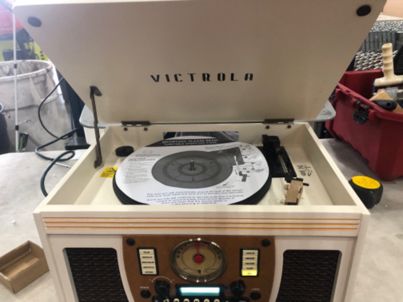 Photo 5 of Victrola 8-in-1 Bluetooth Record Player & Multimedia Center, Built-in Stereo Speakers - Turntable, Wireless Music Streaming, Real Wood | White
