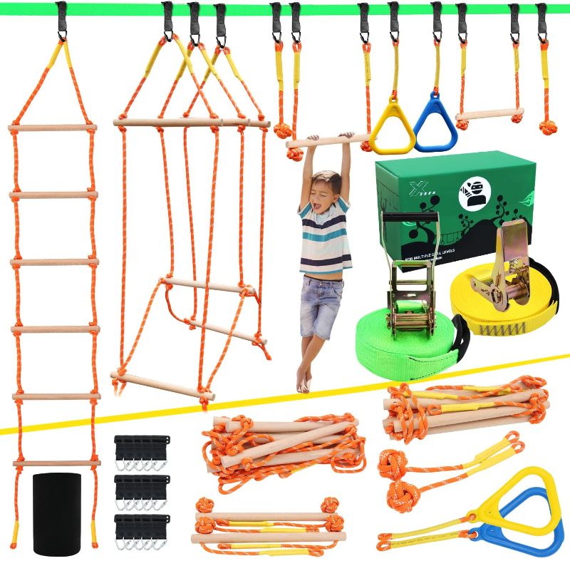 Photo 1 of **INCOMPLETE**X XBEN Obstacle Course for Kid, 2 X 50' Slackline Kit with 8 Accessories Monkey Bar, Gymnastics Ring, 68" Wooden Rope Ladder, Bridge Obstacle, Ninja Warrior Training Equipment for Backyard Outdoor**PARTS ONLY**
