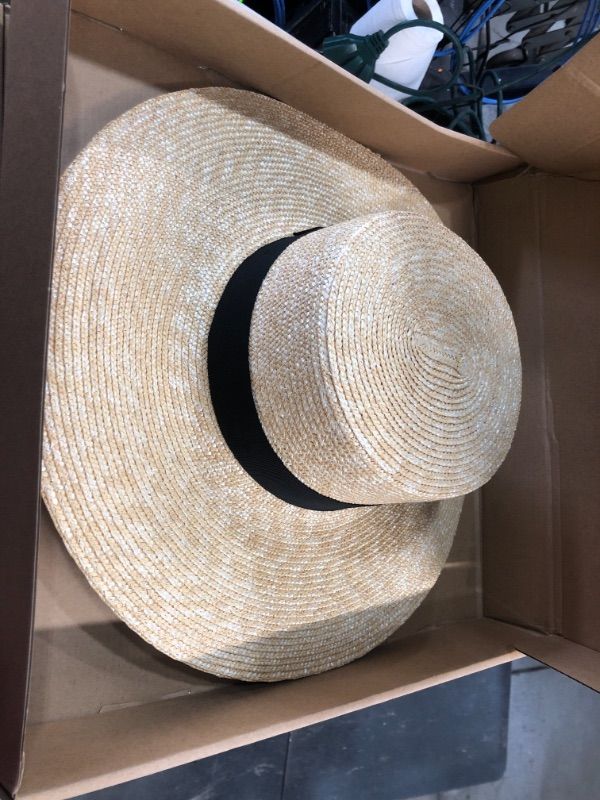 Photo 2 of FEMSÉE Straw Beach Hat - Sun Hats for Women and Men Flat Top Classic Boater Hat-One Size Fits All
