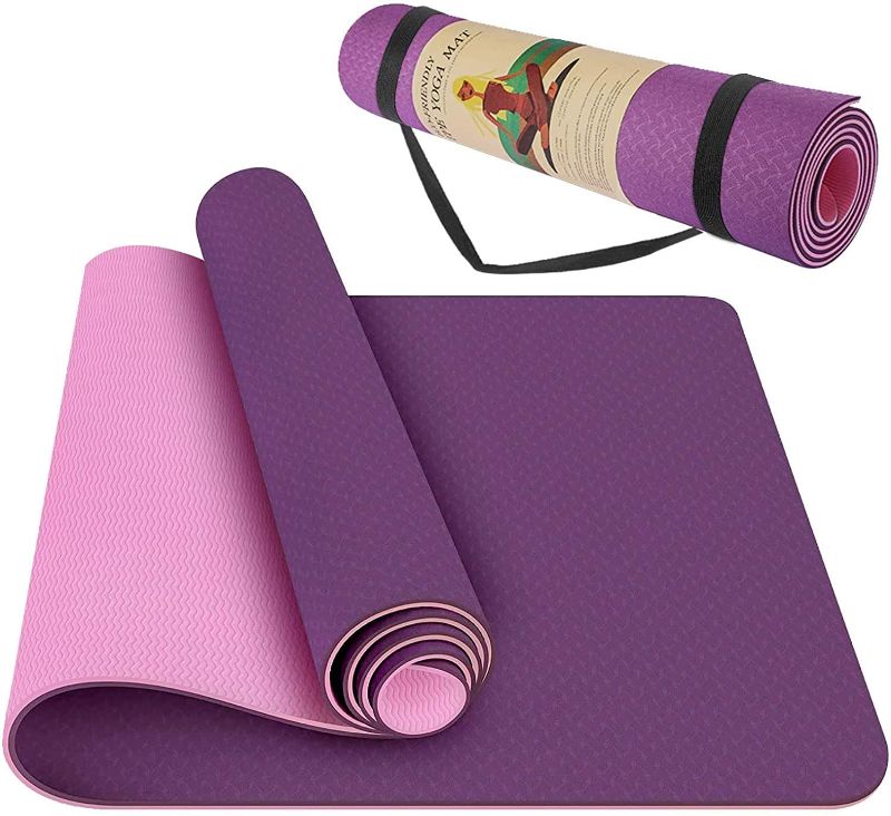 Photo 1 of (N/A) Eco Friendly TPE Yoga Mat Non-Slip Workout Mat for Yoga, Pilates and Exercises Extra Wide 72"x 26" Thickness 6mm 1/4 Inch with Carrying Strap
