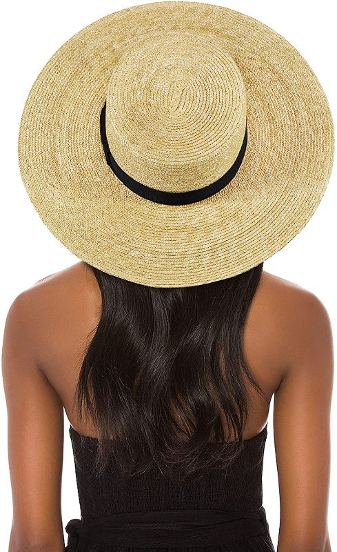 Photo 1 of FEMSÉE Straw Beach Hat - Sun Hats for Women and Men Flat Top Classic Boater Hat