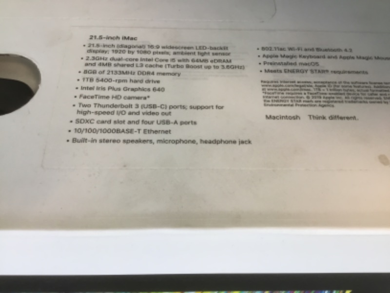 Photo 1 of MISSING MOUSE AND INTERNAL STORAGE. DEVICE NEEDS TO BE RECONFIGURED
Apple iMac A1418 21.5 inch (1TB, Intel Core i5 5th Gen., 1.60GHz, 8GB) Desktop - Silver - MK142LL/A