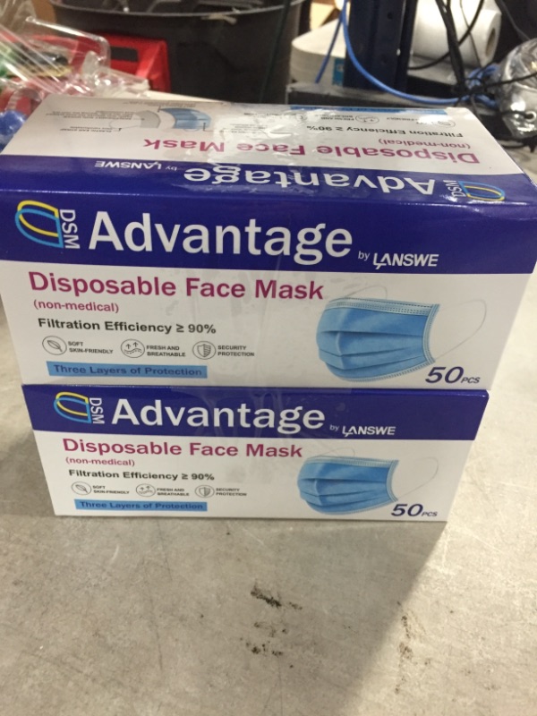 Photo 2 of 2 pack - Advantage by Lanswe - 3ply Blue Disposable Face Masks - 100 masks 