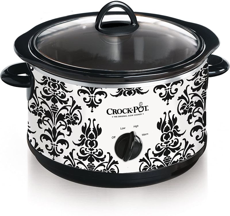 Photo 1 of Crock Pot 4.5 Quart Manual Slow Cooker, Damask Pattern, White
