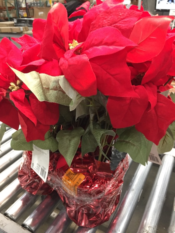 Photo 2 of 3 EA 21 in. Artificial Red Silk Poinsettia Floral Arrangement in Red Foil